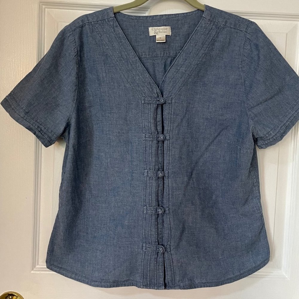 Christopher & Banks Sz. Large Denim Button-down Short-Sleeve Blouse